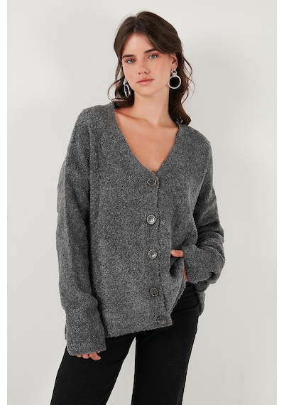 Lela Oversize Fit Düğmeli V Yaka Uzun Kollu Triko Bayan Hırka 4616232 Antrasit