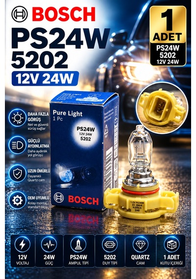 Bosch Ps24w 5202 12v 24w Araç Far Ampulü Pure Light Orijinal Tip Halojen Sarı Soket 1 Adet