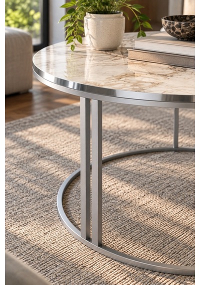 Sulorahome Efes Beyaz Mermer Desenli Yuvarlak Orta Sehpa 70 Cm