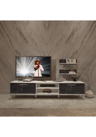 Decoraktiv Eko 4 Mdf Dvd Krom Ayaklı Tv Ünitesi Tv Sehpası Beyaz - Siyah Mermer