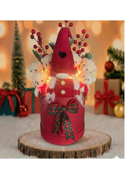 Yeniyıl Özel Seri: Led Işıklı, Noel Elf Cüce Figürlü, Kalp Balon Ve 6 Ayıcıklı Özel Konsept Tasarım Ayıcık Buketi