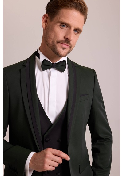 Ysf Erkek Yeşil Slim Fit Şal Yaka Yelekli Damatlık