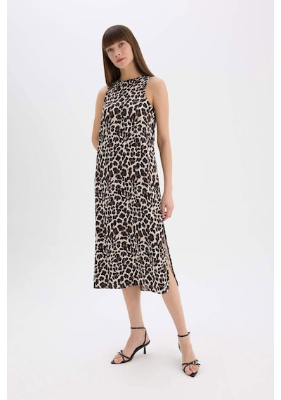 Defacto - Leopar Desenli Yuvarlak Yaka Saten Kolsuz Midi Abiye Elbise D7593AX24AU Siyah