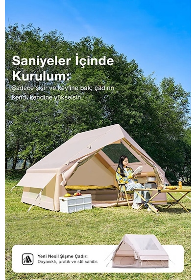 6 Kişilik 4 Mevsim Su Geçirmez Şişme Kamp Çadırı 210d Oxford Kumaş 8 M2 310x245x142 Cm Bej