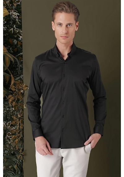 Efor Slim Fit Düğmeli Yaka Esnek Pamuk Klasik Siyah Gömlek Gk 708 Siyah