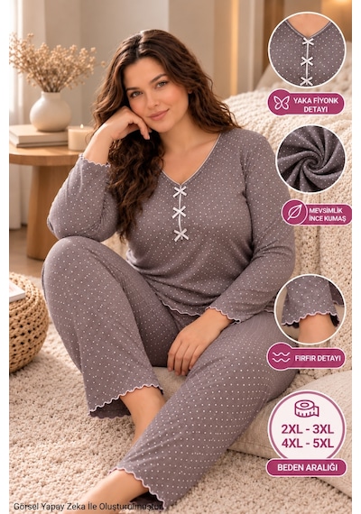 Seboteks Mevsimlik İnce Kumaş Puantiyeli Uzun Kollu Büyük Beden Kadın Pijama Takımı 3157 Vizon Seboteks Mevsimlik İnce Kumaş Puantiyeli Uzun Kollu Büyük Beden Kadın Pijama Takımı 3157 Vizon