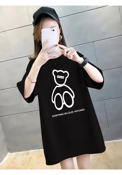 Kadın Tişört Penye Compack Baskılı Oversize Bisiklet Yaka T-shirt - Siyah
