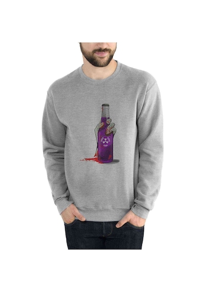 Zombie Mor Şise Baskılı Gri Erkek Örme Sweatshirt