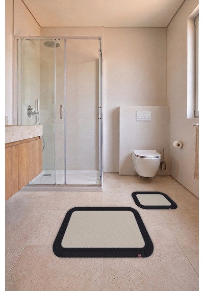 Banyo Paspası Takımı 70x110+50x70 Cm Düz Ekru & Siyah