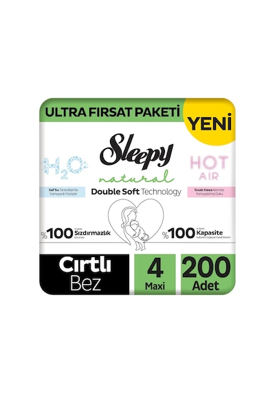 Sleepy Natural Double Soft Ultra Fırsat Paketi Bebek Bezi 4 Numara Maxi 200 Adet