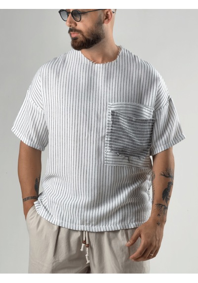 Cocopelli Beyaz Çizgili Patch Bohem Erkek T-shirt Coc3279