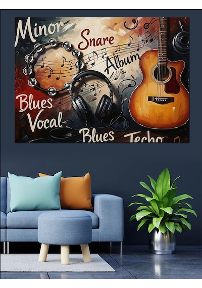 Müzik Notları Ve Klasik Gitar Dekoratif Kanvas - Mdf Ahşap Tablo