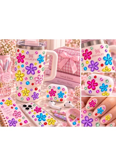 Taş & Çiçek Rhinestone Sticker Yapışkanlı Saç, Yüz, Tırnak, Vücut Ve Süs Taşı Çok Renkli