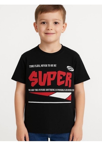Ekkokids Çocuk Super Yazılı Pamuklu Oversize T-shirt-16016 SIYAH