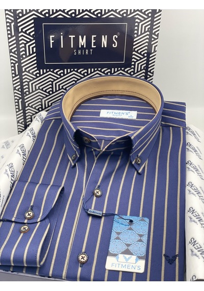 Slim Fit Uzun Kol Premium Çizgili Yaka Düğmeli Hediye Kutulu Erkek Gömlek Fs-004335 - Lacivert Bej-2902 Slim Fit Uzun Kol Premium Çizgili Yaka Düğmeli Hediye Kutulu Erkek Gömlek Fs-004335 - Lacivert Bej-2902
