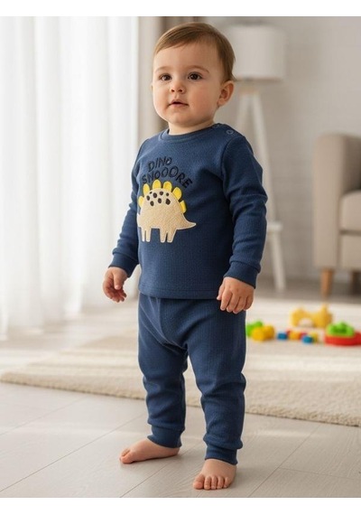 Zekids Erkek Bebek Pamuklu Dokulu Kumaş Dinozorlu Eşofman Takımı-16384 Lacivert