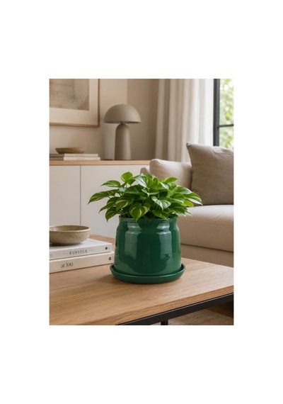 Echo Seramik Saksı Parlak Yeşil Jade Green Çap:21cm Yük:16cm Tabaklı