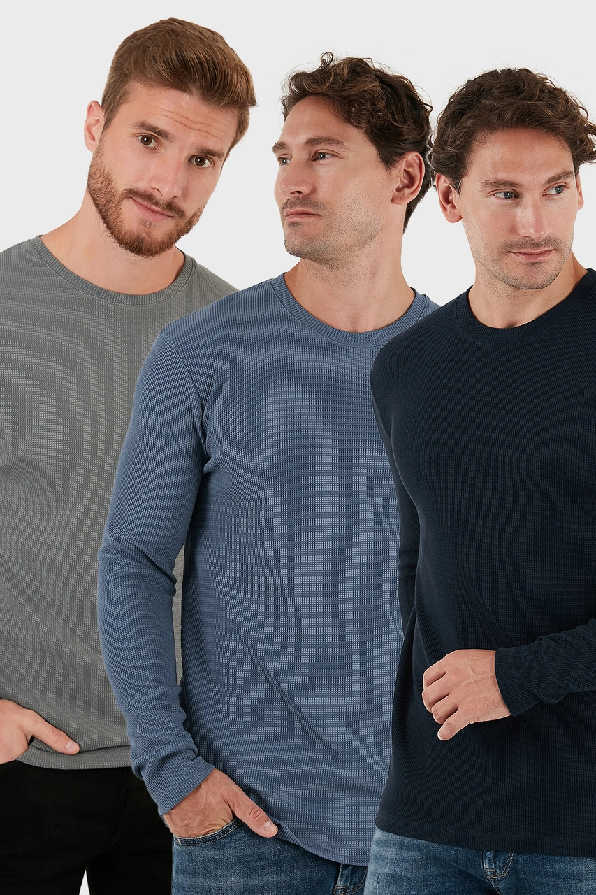 Buratti Pamuklu Bisklet Yaka Slim Fit Basic 3'Lü Paket Erkek Sweat 5905073S3 Açık Haki-Koyu Gri-Lacivert