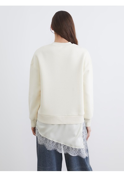 Lcw Vision Bej Dantel Detaylı Oversize Kadın Kalın Sweatshirt