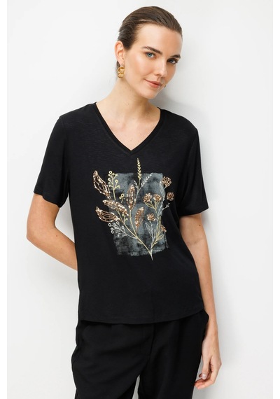 Desen Triko V Yaka Önü Pul Payet İşlemeli Penye Kadın T-shirt 26838 Siyah