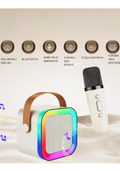 Teknozeel Mikrofonlu Karaoke 5 Ses Efektli Rgb Led Işıklı Bluetooth Kablosuz Hoparlör Ses Bombası Bej Renk