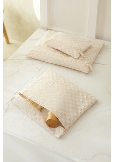 Ocean Home Textile 3'lü Su Geçirmez Pvc Astarlı Bej Dama Desen Islak Kuru Çantası 20 X 13 / 24 X 20 / 30 X 24 Cm