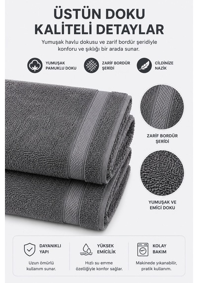 2 Parça Asker Banyo Havlu Seti 70x140 + 50x90 Cm Atlas Antrasit