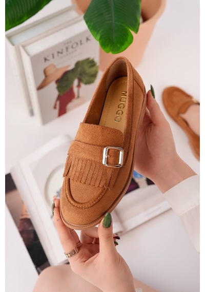 Muggo Tuft Gold Tokalı Püsküllü Süet Kadın Günlük Loafer Ayakkabı Taba