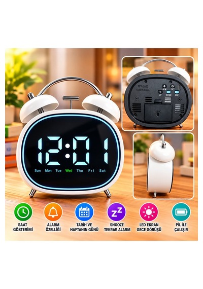 Led Ekranlı Dijital Çalar Saat Alarm Erteleme Gün Göstergeli Şık Tasarım 14x12 Cm Dijital Metal Çalar Saat Pil Beyaz