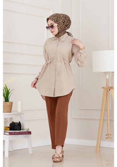 Sevitli Monako Yaka Taşlı Tunik-vizon-4962 Vizon