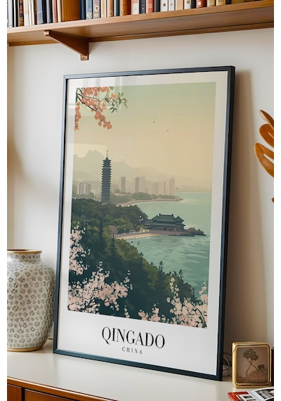 Qingdao China Vintage Seyahat Posteri Çerçeveli Tablo - Premium Uzak Doğu Elit Duvar Dekoru Siyah
