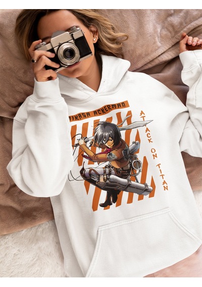 Sevbano Mikasa Ackerman Baskılı Unisex Oversize Attack On Titan Anime Hoo beyaz