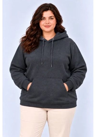 Battal Büyük Beden Üç İplik İçi Şardonlu Kapüşonlu Kanguru Cepli Kışlık Sweatshirt - Füme