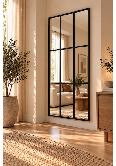 Siyah Metal Çerçeveli Dekoratif Pencere Model Duvar Aynası 80x180