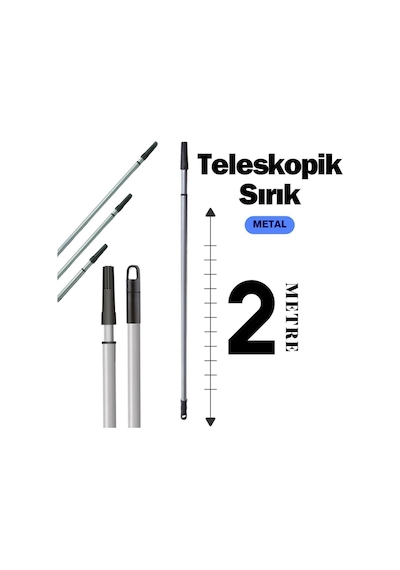 Teleskopik Uzatmalı 2 M - Metal Sırık - Fırça / Ayarlanabilir Uzatmalı Sap - 2 Metre - Metal