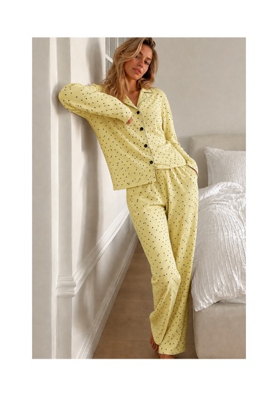 Fit Women Kadın Puantiyeli Uzun Kollu Düğmeli Sarı Pijama Takımı