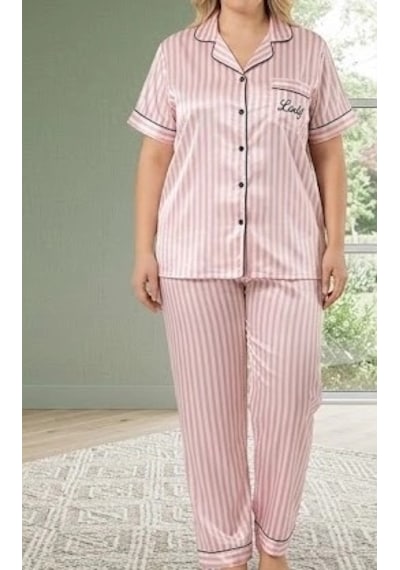 Biçomi Bicomi Büyük Beden Lüks Saten Pijama Takımı Gece Boyu Kusursuz Konfor Ve Zarafet Pembe
