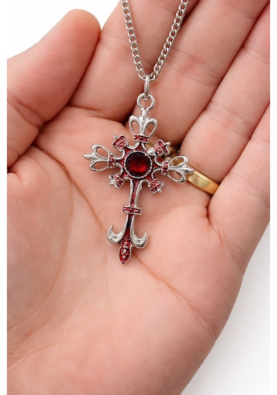 Gotik Kırmızı Taşlı Haç Kolye Gümüş Renk Zincir Unisex Çok renkli