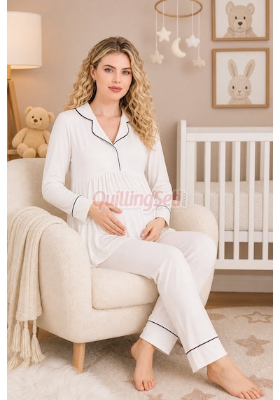 Quilling Lady Ekru Renkli, Kol Ve Paçaları Manşetli, 33202 Uzun Kol, 2 Parça Lohusa Hamile Pijama Takımı M - L