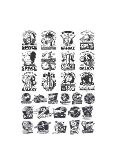 Siyah Beyaz Retro Uzay Sticker Set 28 Parça Telefon, Tablet, Defter, Laptop Sticker