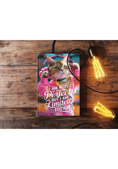 Müzik Dinleyen Kedi Tasarımlı Çizgili Not Defteri 13x21 Cm Sert Kapak 192 Sayfa
