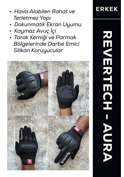 Revertech Aura Siyah - Dokunmatik Ekran Uyumlu Erkek Motosiklet Eldiveni + Buff li
