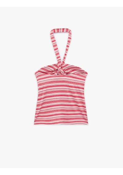 Koton Koton X Sibil Çetinkaya - Viskon Kumaş Slim Fit Çizgili Halter Yaka Top Kırmızı Çizgili 6sak10070uk