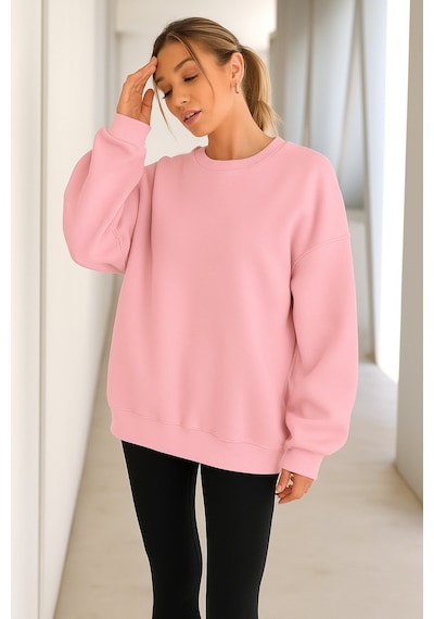 Benroma 3 İplik Penye Kadın Düz Renk Sweatshırt Pembe