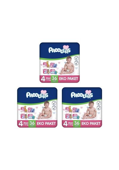 Paddlers - Bebek Bezi 4 Numara Maxi 7-14 Kg 3 x 36 Adet Eko Paket
