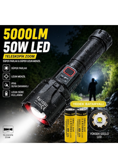 Fy-t288 50w 5000 Lümen Ultra Parlak Şarjlı El Feneri Yedek Bataryalı 1.5 Km Menzilli Powerbank Özellikli Siyah