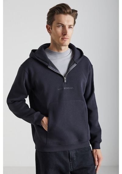 Grimelange Pavle Erkek Kapüşonlu Kanguru Cepli Fermuar Yakalı Siyah Sweatshirt