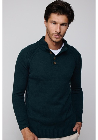 Tudors Erkek Slim Fit Dar Kesim Dik Yaka Düğmeli Triko Yeşil Triko Kazak-29591-yeşil Yeşil