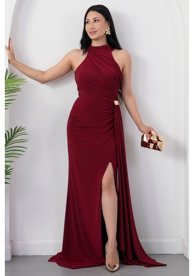 Kalopya Halter Yaka Drapeli Tokalı Abiye Elbise Ecr5862 Bordo