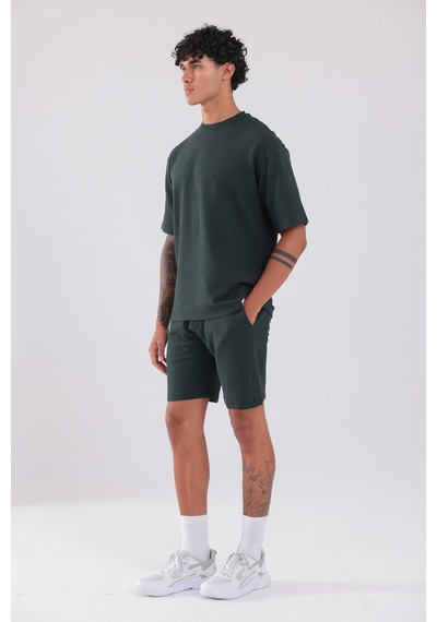 Rowinger Waffle Dokulu Oversize T-shirt Ve Şort Erkek Takım Darkgreen